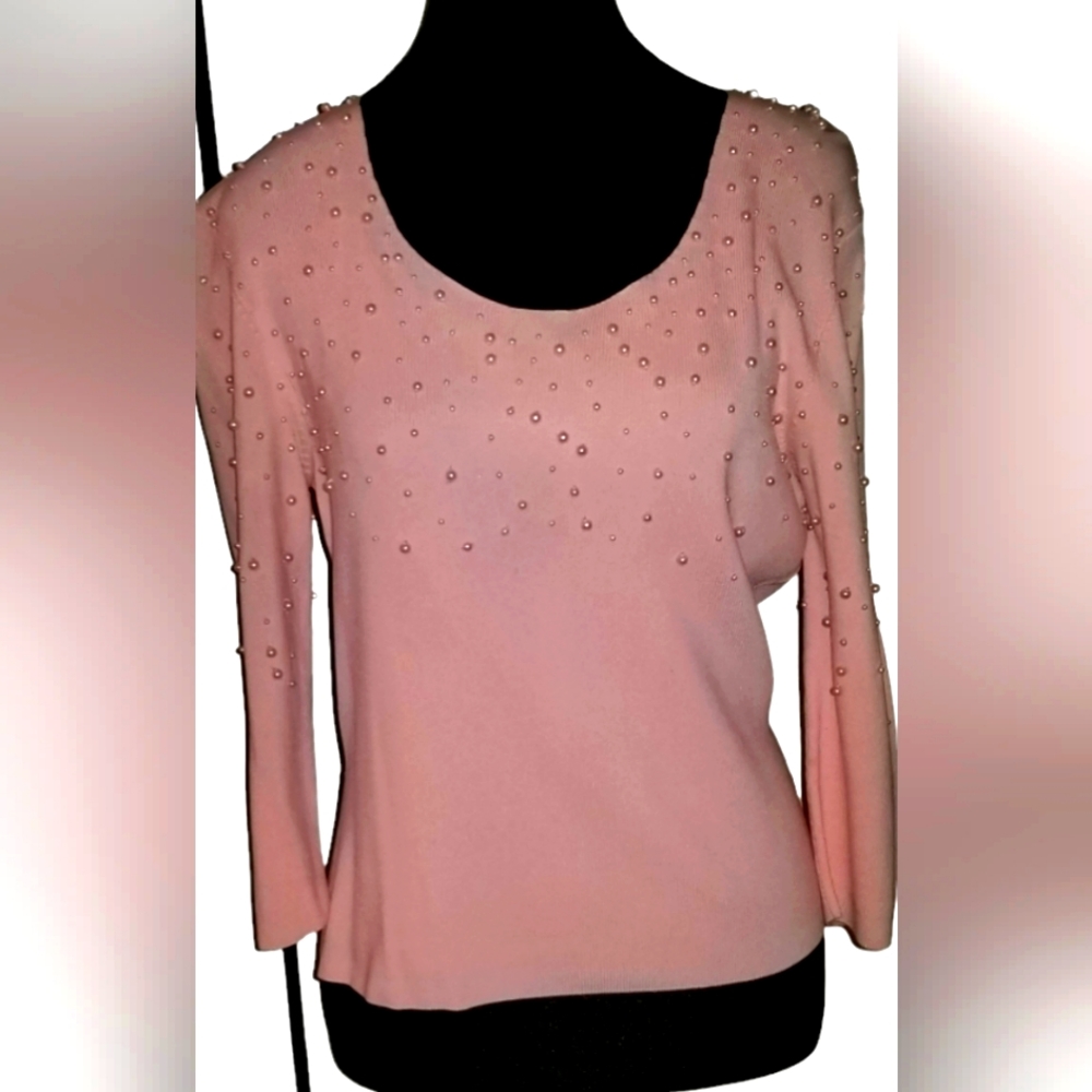 Venini Pink knit top with pearl detail on front bodice & sleeves.